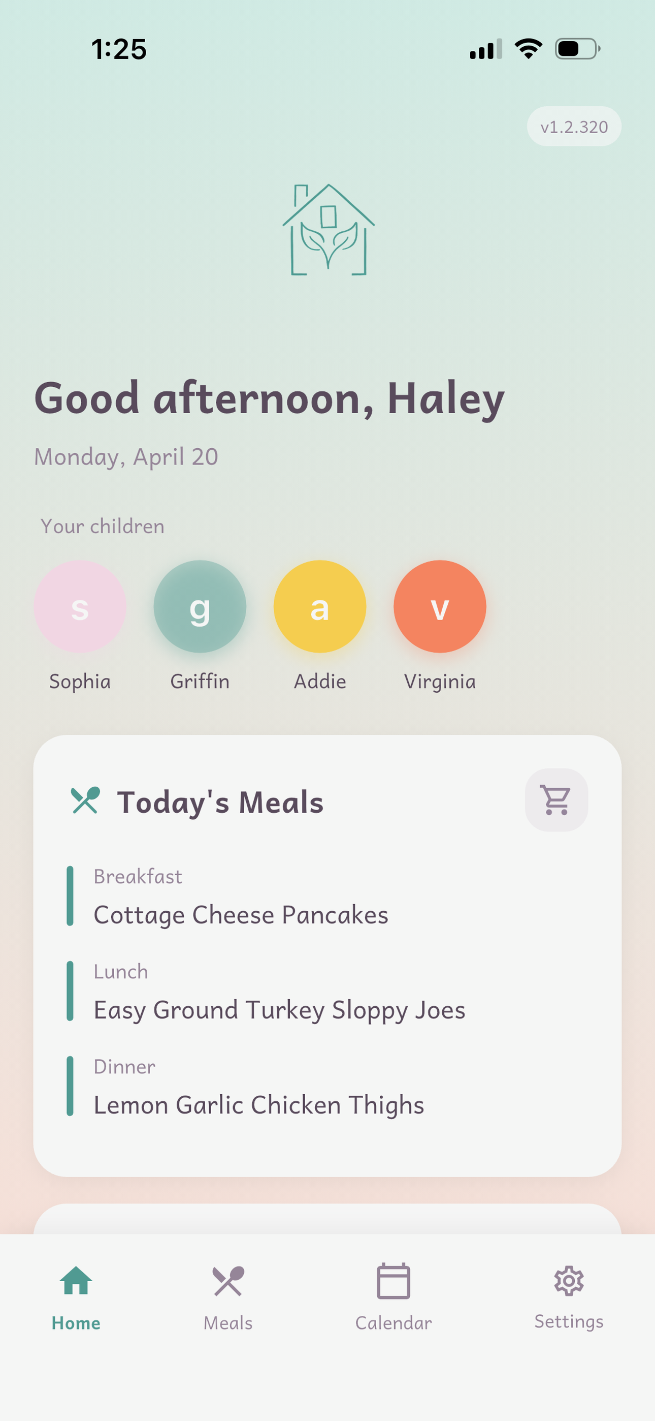 MomRise home screen with today's meals and kids
